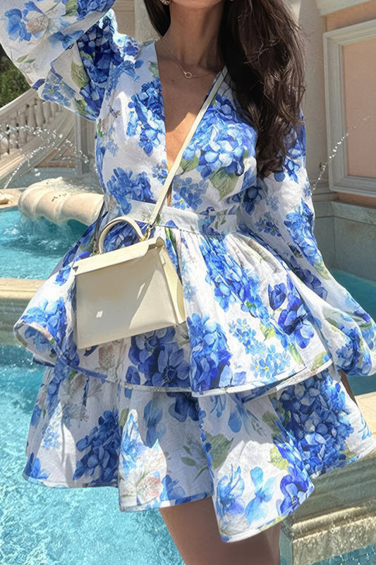 Floral Puff Sleeve Mini Dress with Layered Ruffles