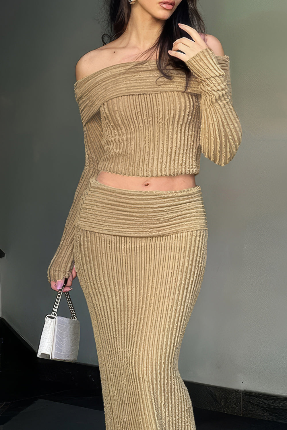 Two-Piece Set with Off-Shoulder Ribbed Top and Maxi Skirt - Beige