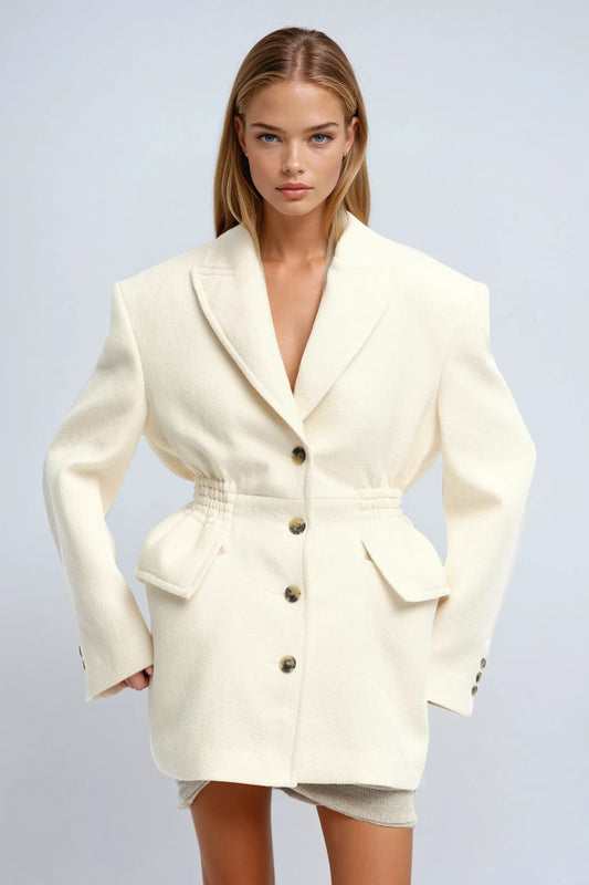Buttoned Blazer with Cinched Waist - White