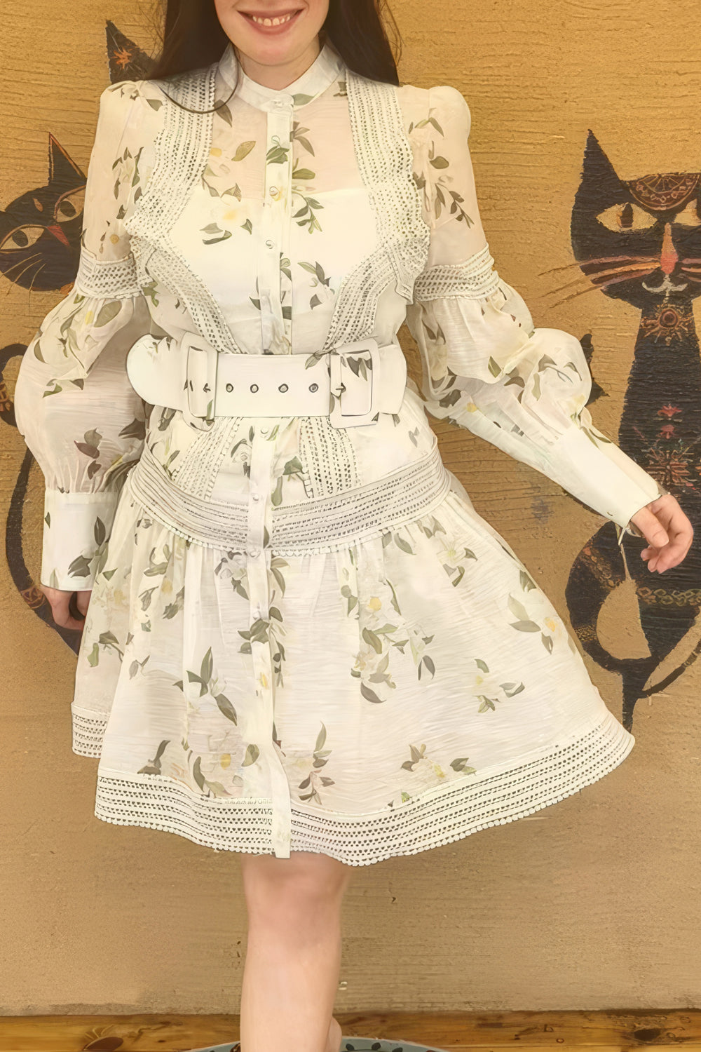 Floral Belted Midi Dress with Lace Detailing