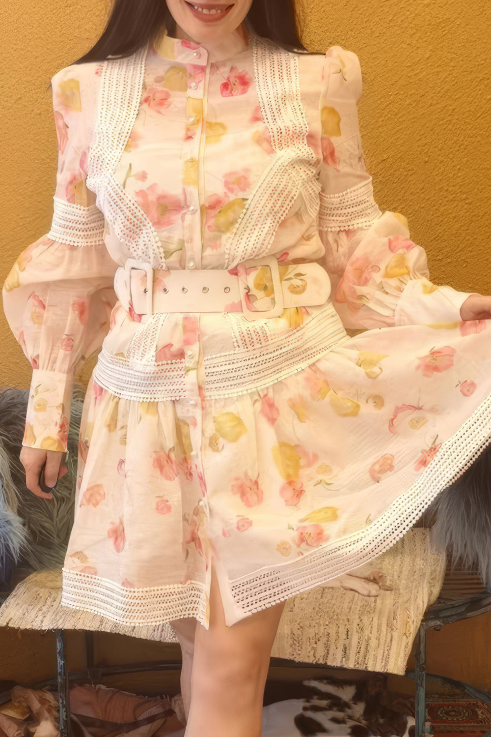Floral Belted Midi Dress with Lace Detailing