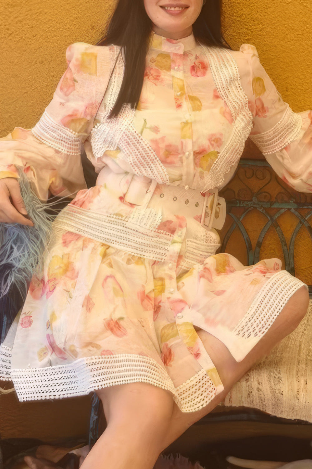 Floral Belted Midi Dress with Lace Detailing
