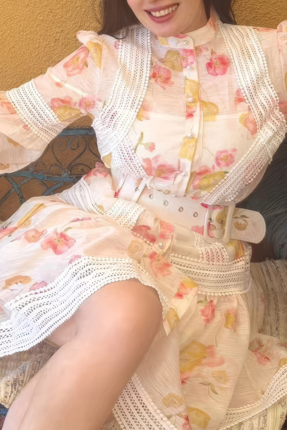 Floral Belted Midi Dress with Lace Detailing