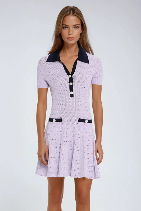 Short Sleeve Knit Mini Dress with Contrast Collar and Button Detail - Purple