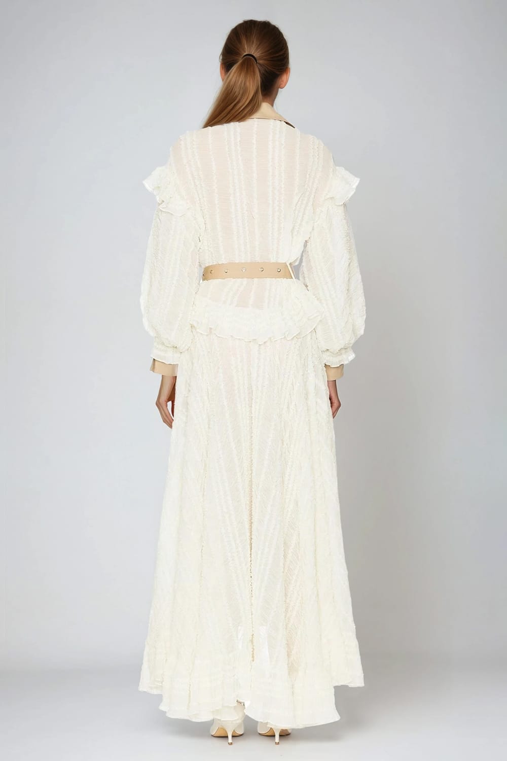 Belted Longline Blazer with Ruffle Details - Apricot