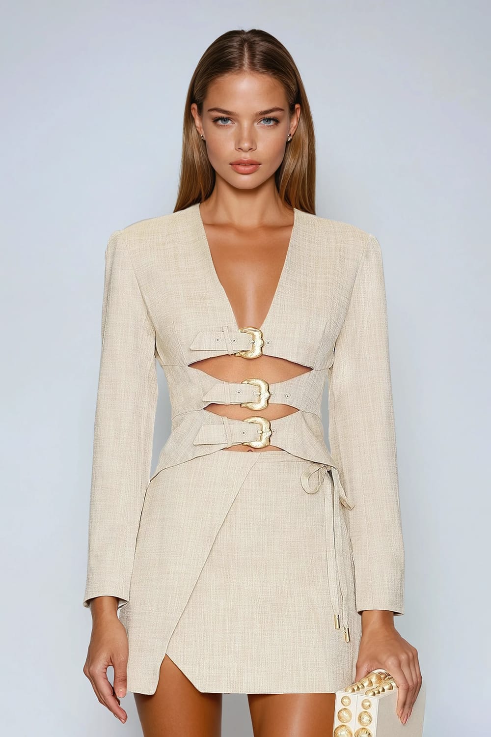 Two-Piece Set with Cut-Out Top and Mini Skirt - Apricot