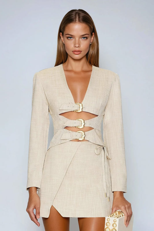 Two-Piece Set with Cut-Out Top and Mini Skirt - Apricot