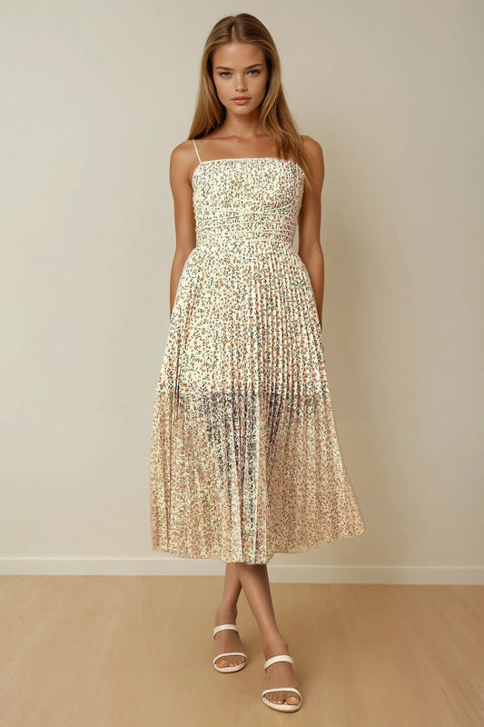 Pleated Midi Dress with Thin Straps and Back Zip - Pink