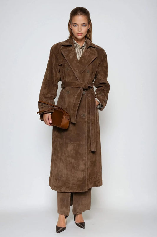 Long Coat with Double-Breasted Front and Tie Belt - Brown