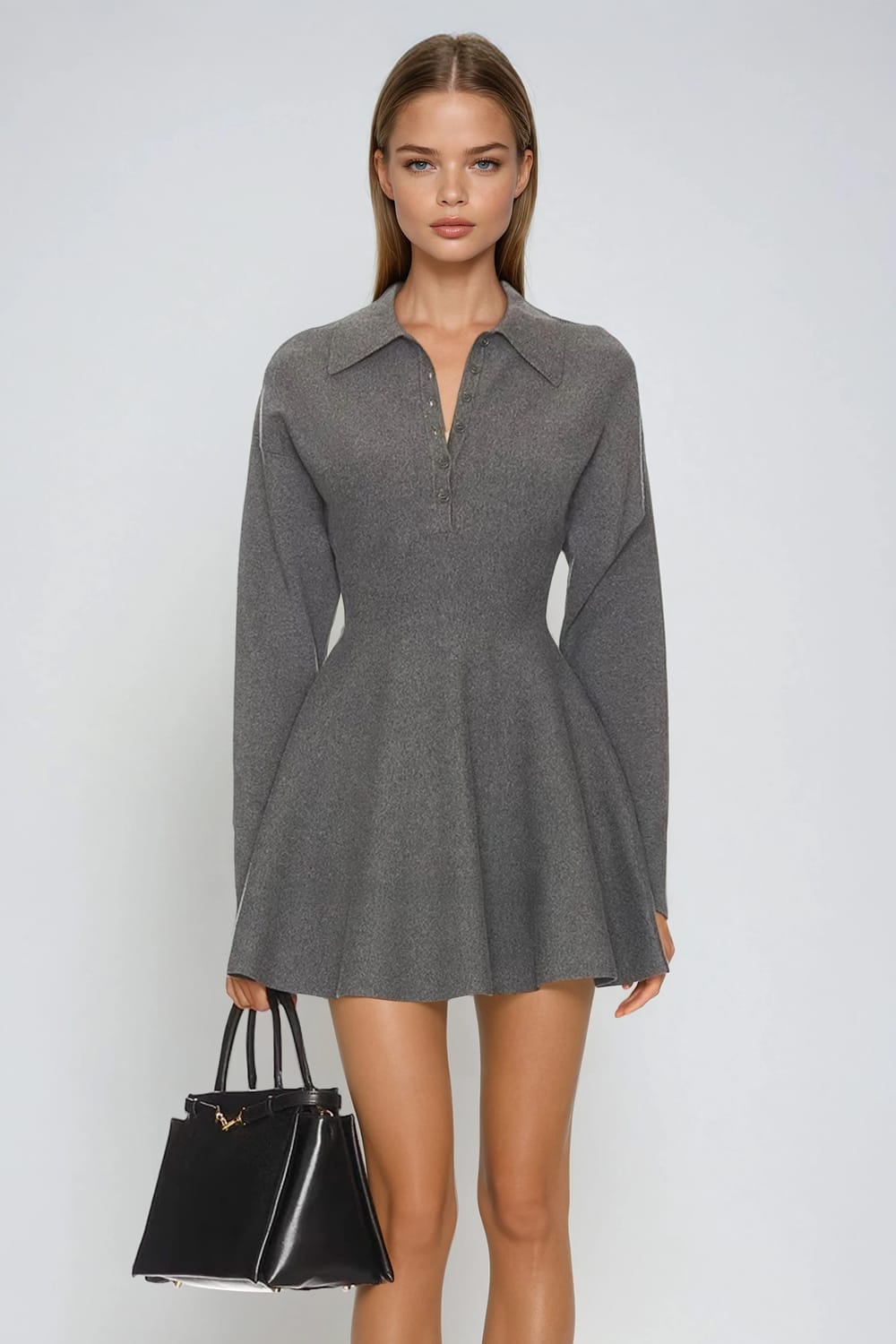 Collared Long Sleeve Mini Dress - Gray
