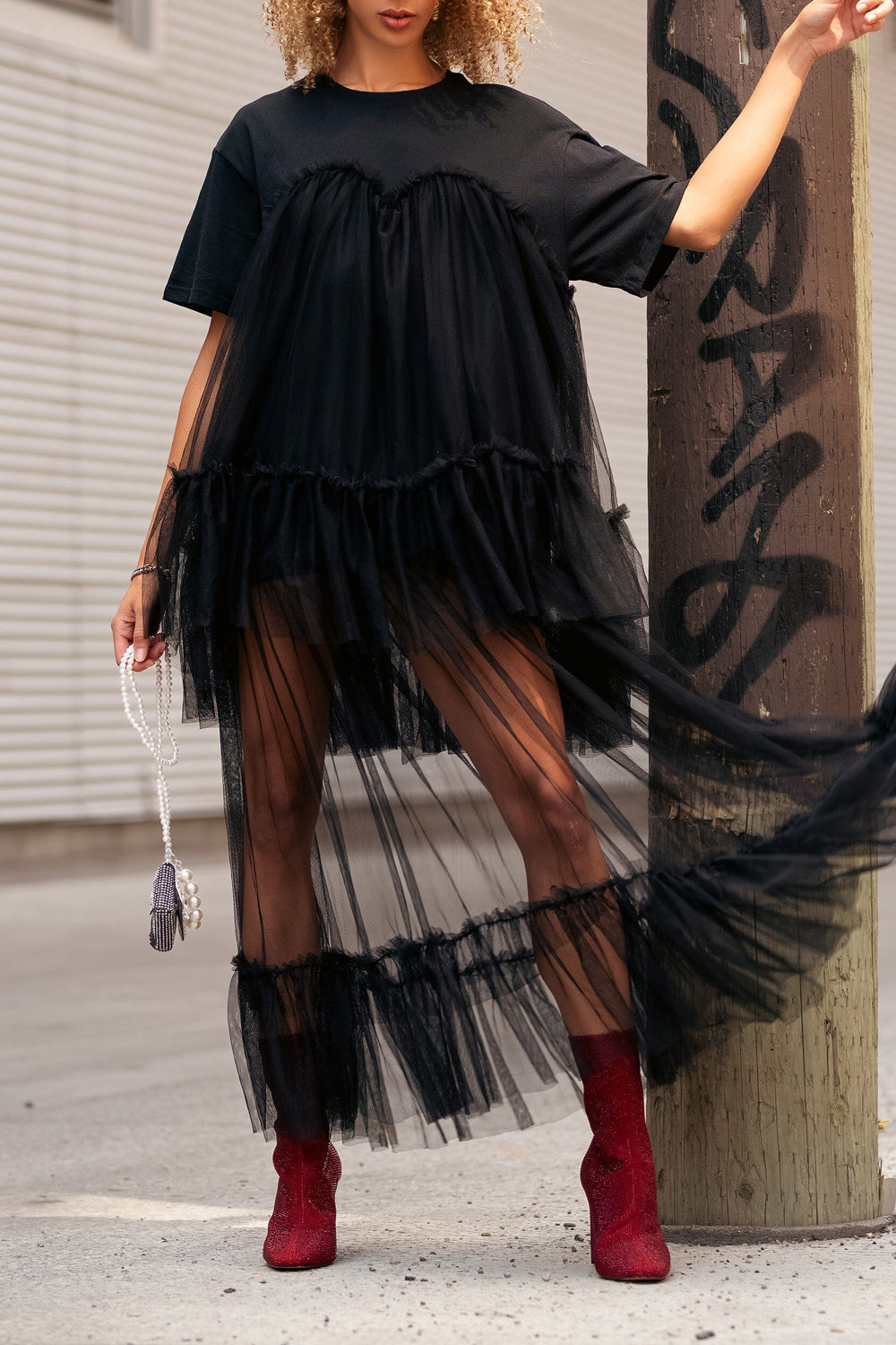 Layered Voluminous Midi Dress with Short Sleeves