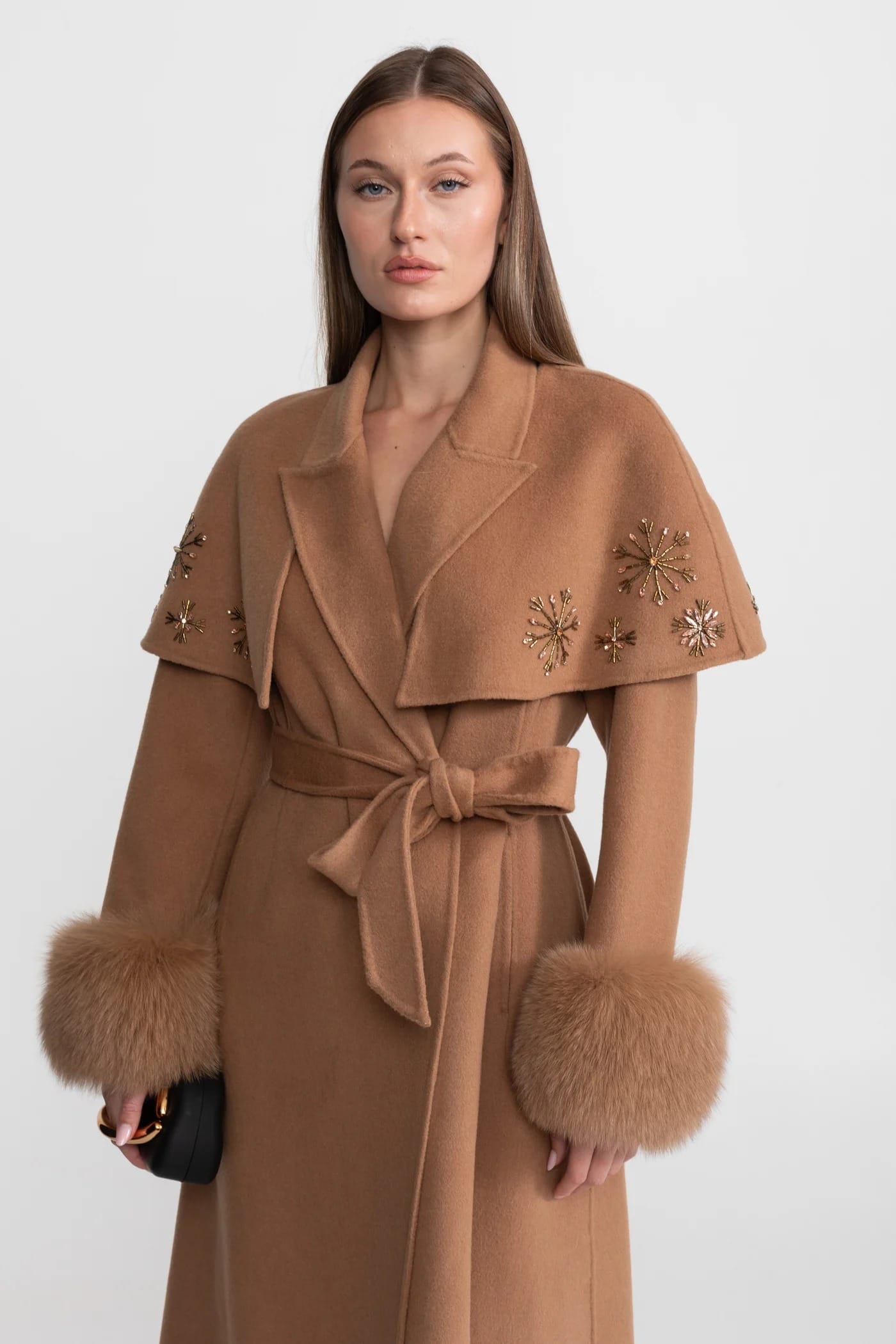 Embellished Long Coat with Fur Cuffs and Belt - Brown