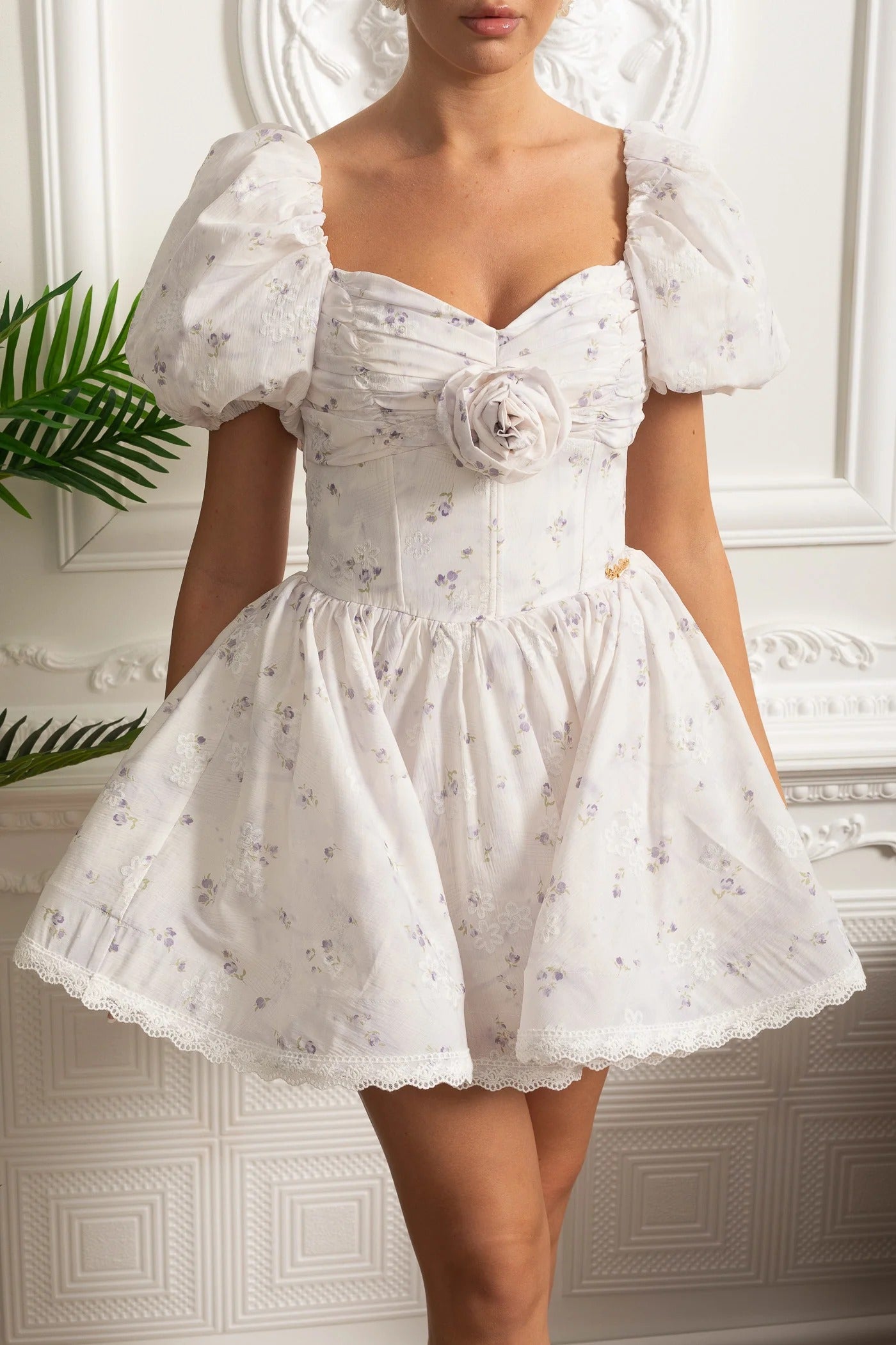 Puff Sleeve Mini Dress With Floral Print and Rosette Detail - Purple