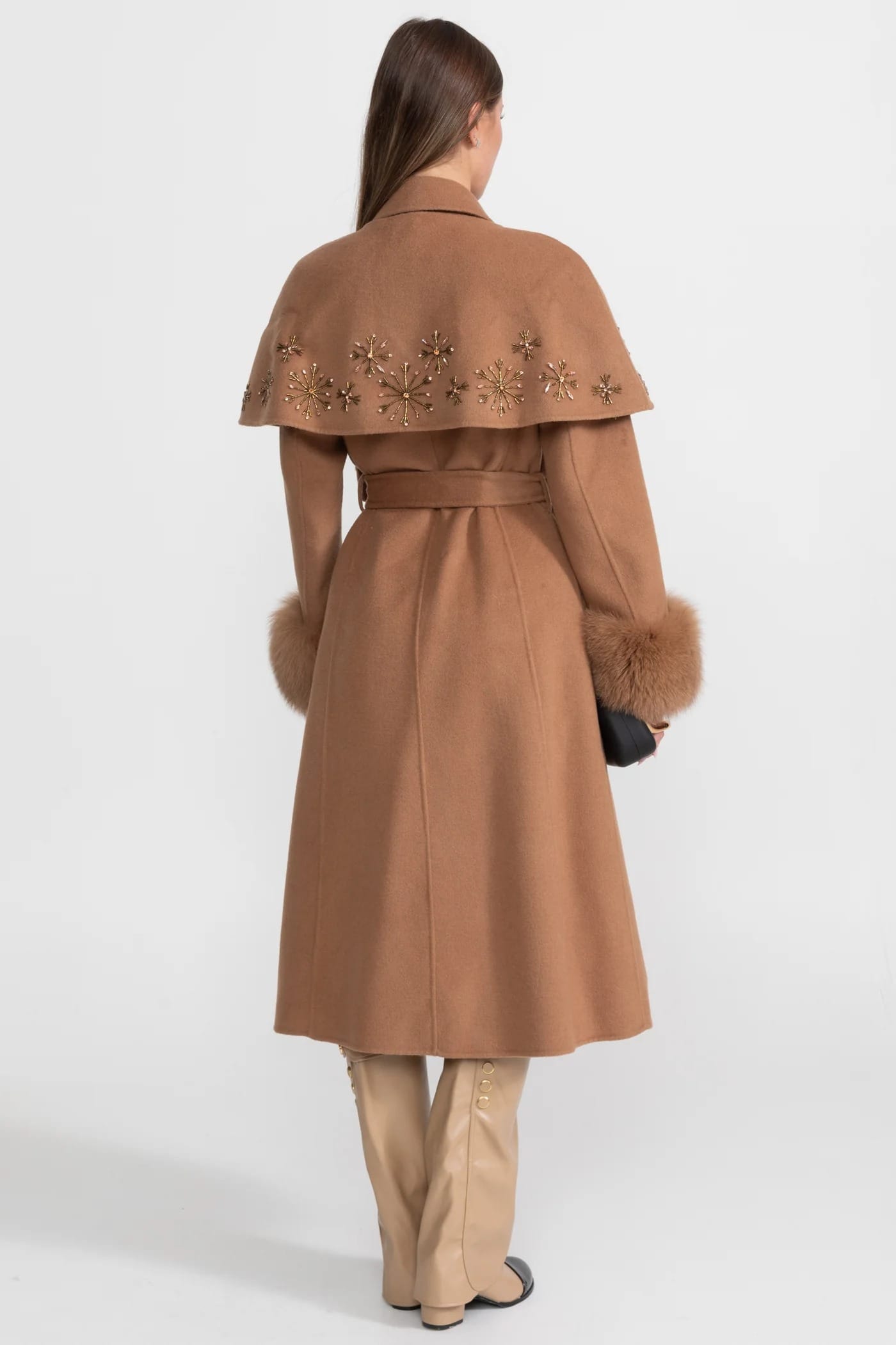 Embellished Long Coat with Fur Cuffs and Belt - Brown