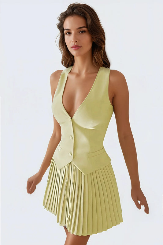 Sleeveless Vest with Pleated Skirt Two-Piece Set - Yellow