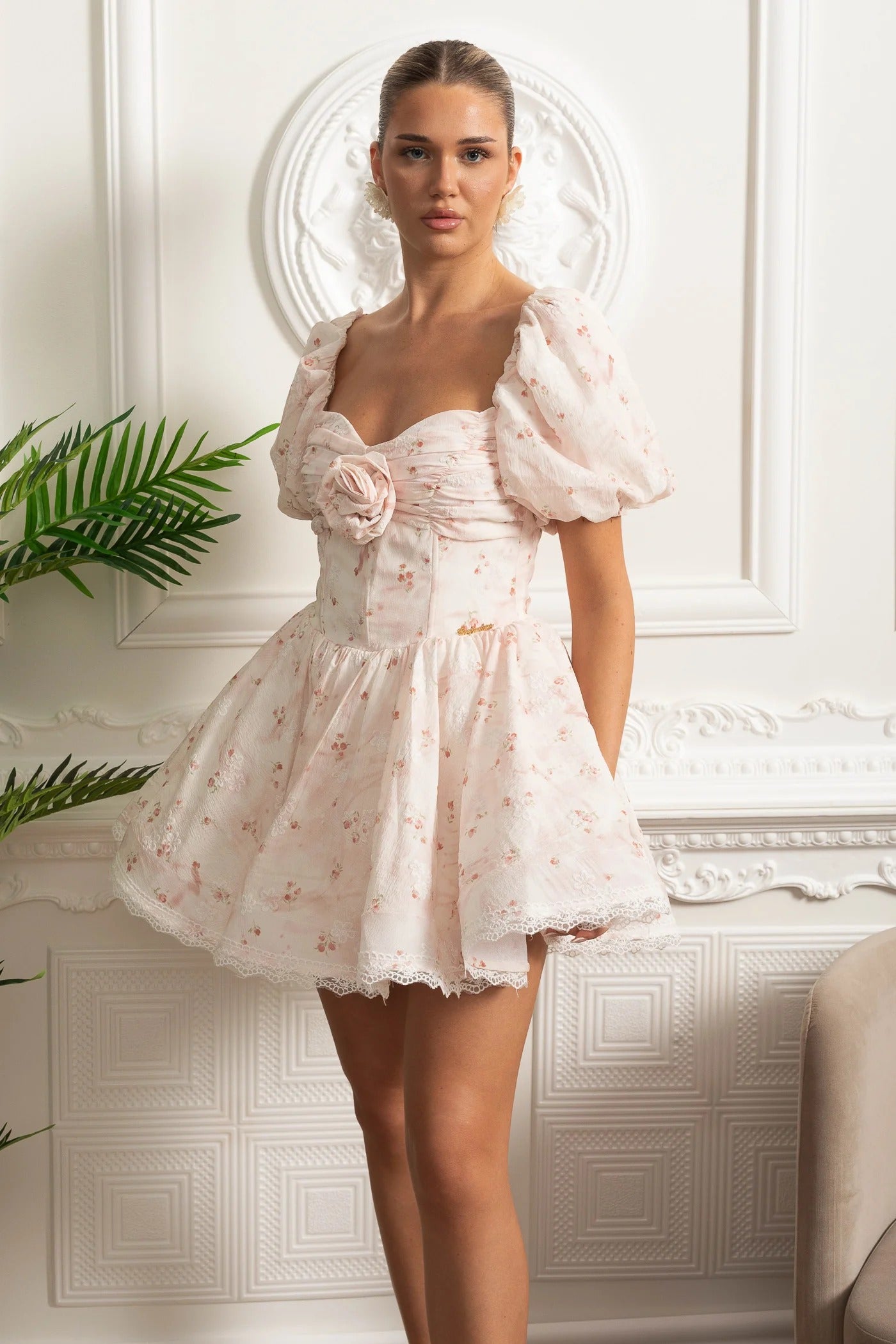 Puff Sleeve Mini Dress With Floral Print and Rosette Detail - Pink