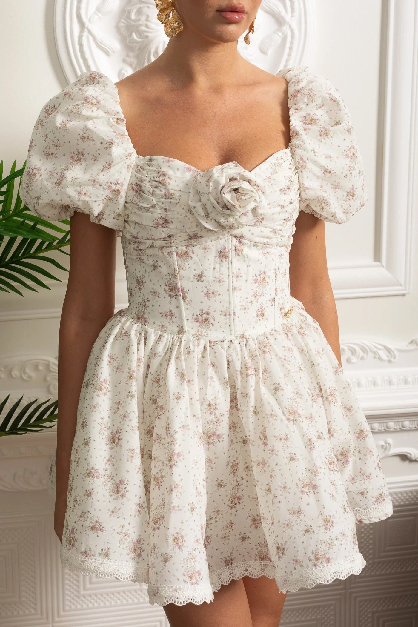Puff Sleeve Mini Dress With Floral Print and Rosette Detail - Beige