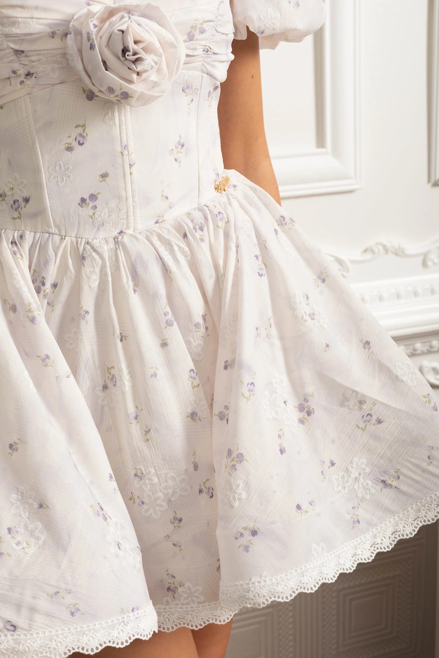 Puff Sleeve Mini Dress With Floral Print and Rosette Detail - Purple