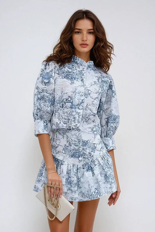 Two-Piece Set with Puff Sleeve Top and Pleated Mini Skirt - Blue