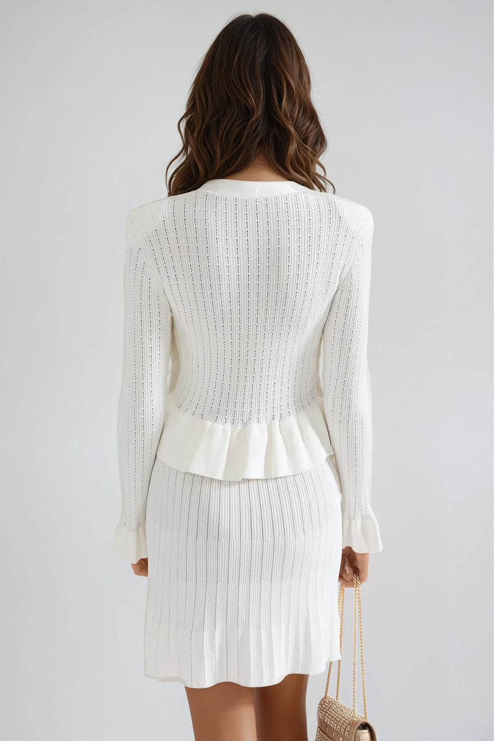 Knitted Long Sleeve Button-Up Mini Dress - White
