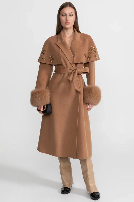 Embellished Long Coat with Fur Cuffs and Belt - Brown