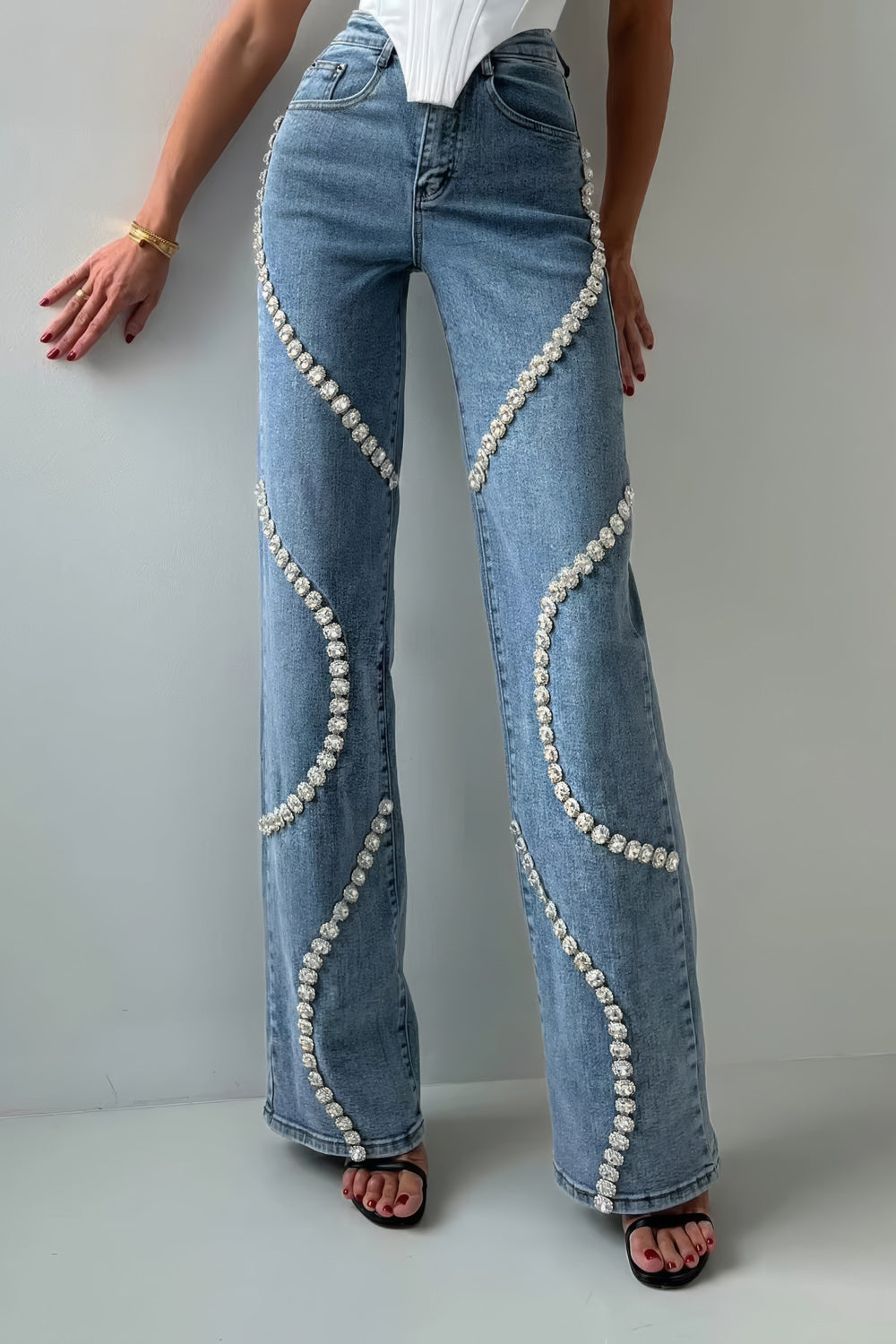 Pearl-Embellished High-Waisted Wide-Leg Jeans - Blue