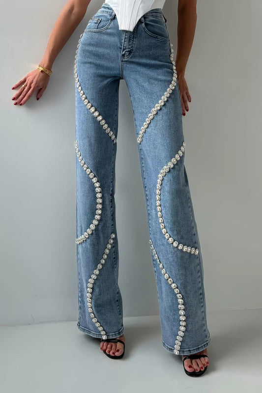 Pearl-Embellished High-Waisted Wide-Leg Jeans - Blue