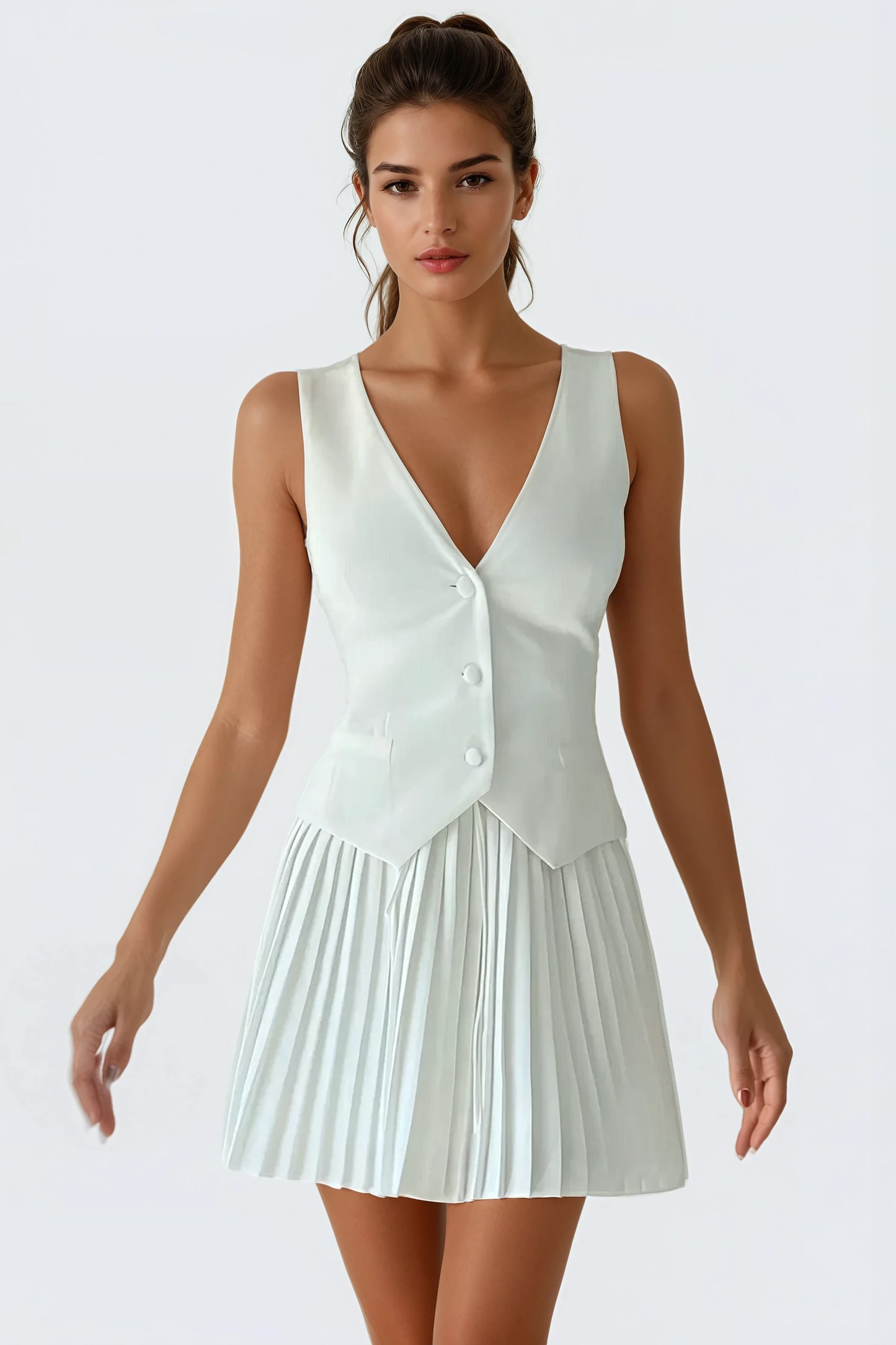 Sleeveless Vest with Pleated Skirt Two-Piece Set - White