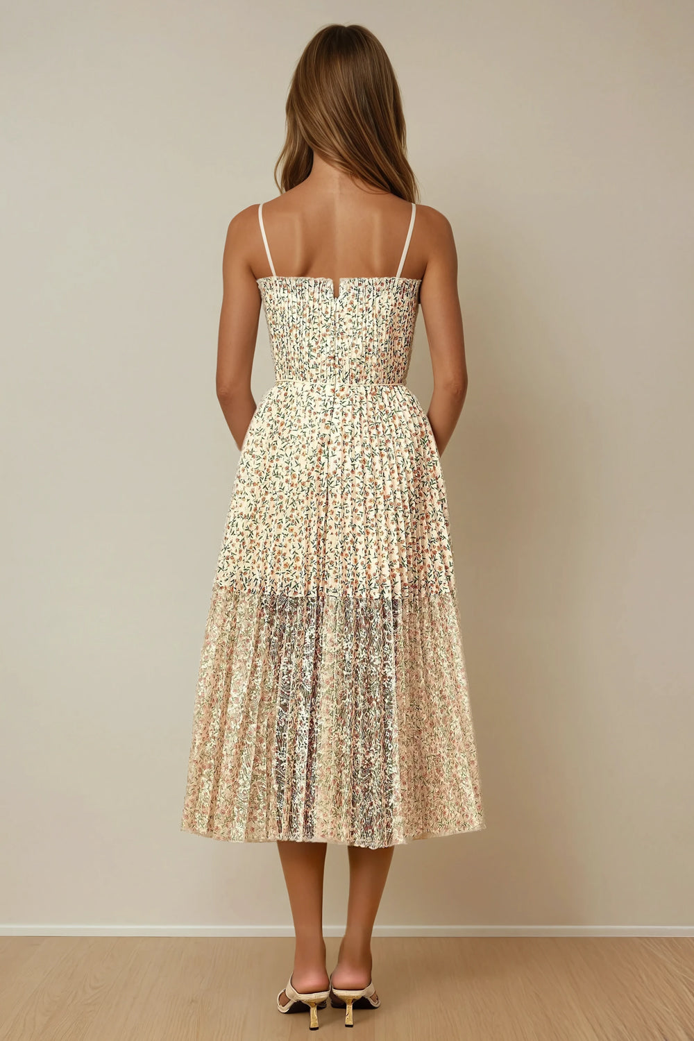 Pleated Midi Dress with Thin Straps and Back Zip - Pink