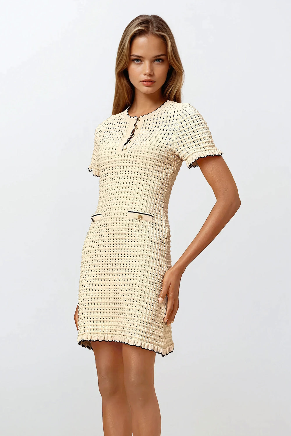Textured Short Sleeve Mini Dress - Apricot