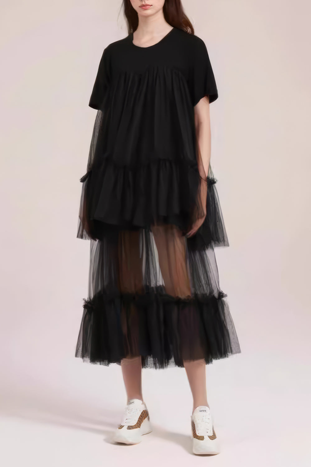 Layered Voluminous Midi Dress with Short Sleeves