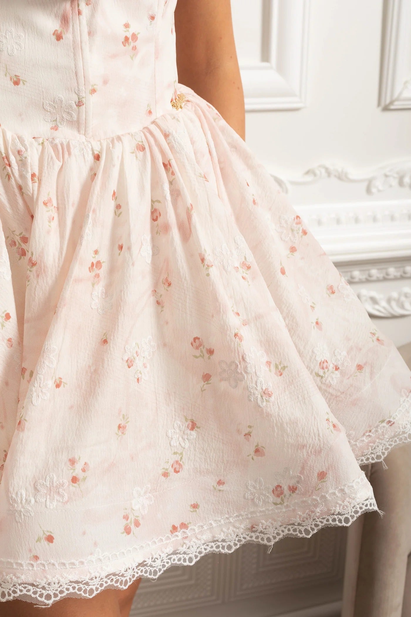 Puff Sleeve Mini Dress With Floral Print and Rosette Detail - Pink