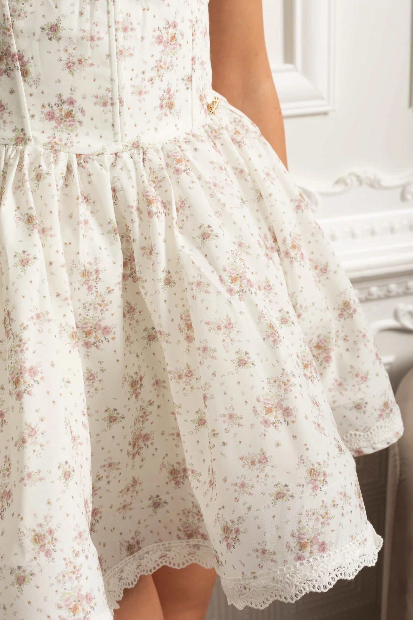 Puff Sleeve Mini Dress With Floral Print and Rosette Detail - Beige