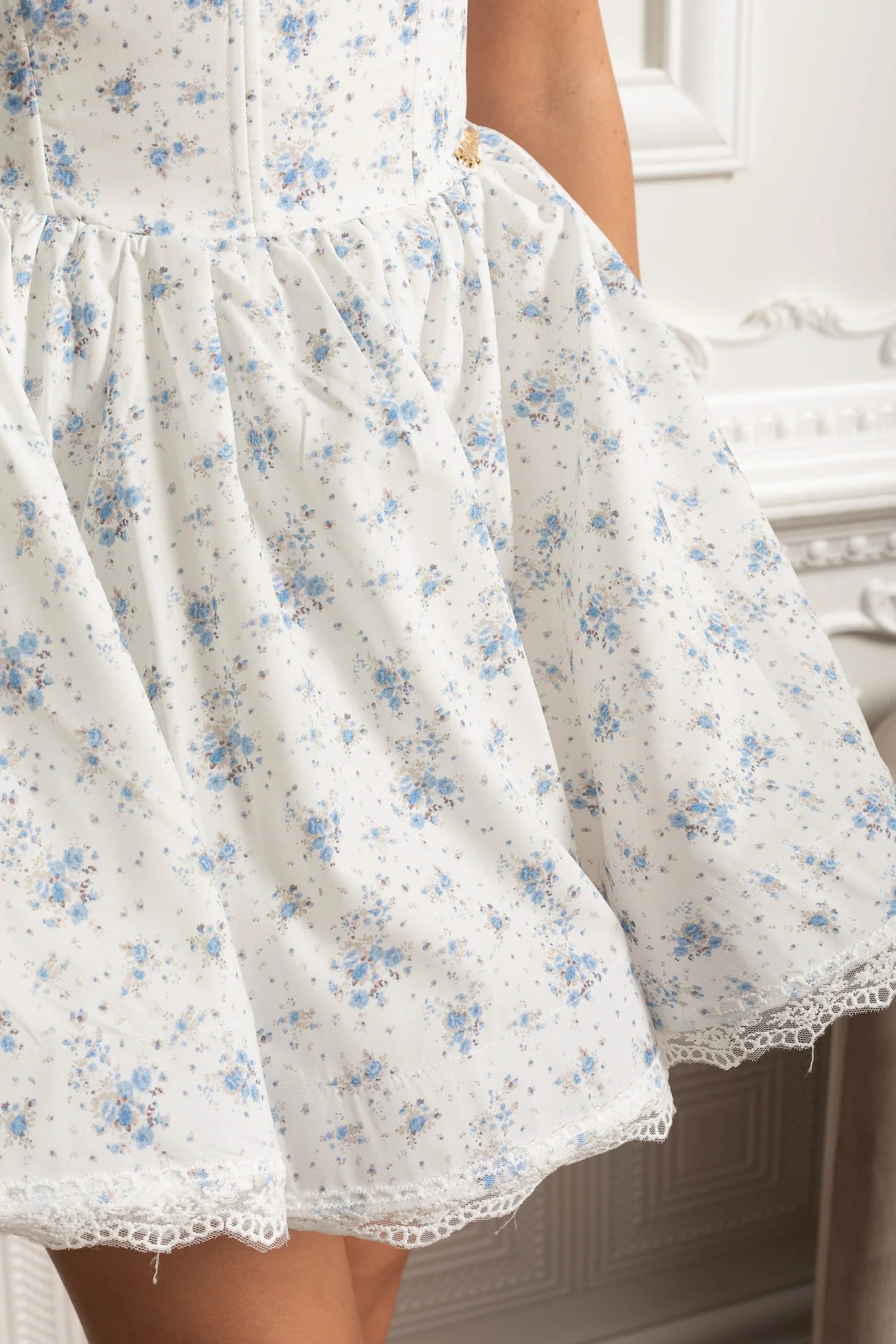 Puff Sleeve Mini Dress With Floral Print and Rosette Detail - Blue