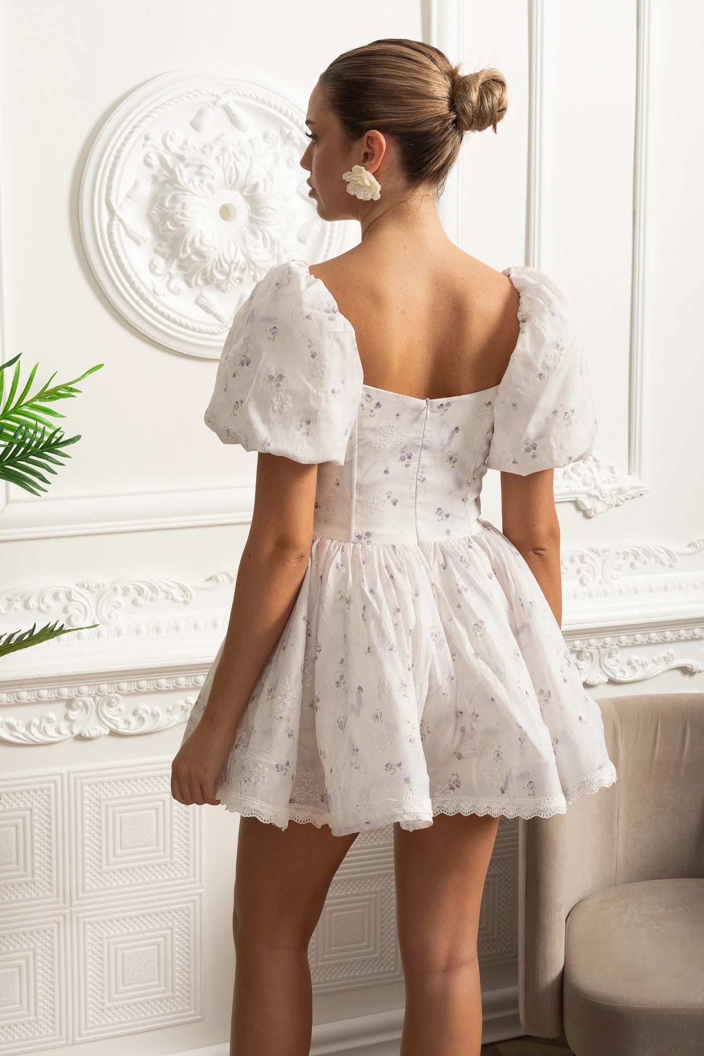Puff Sleeve Mini Dress With Floral Print and Rosette Detail - Purple