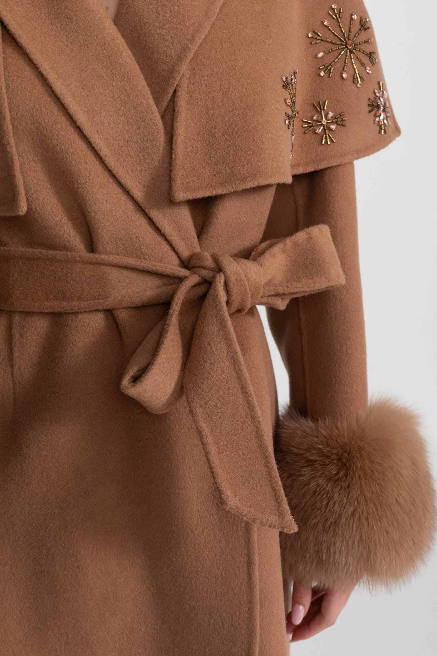 Embellished Long Coat with Fur Cuffs and Belt - Brown