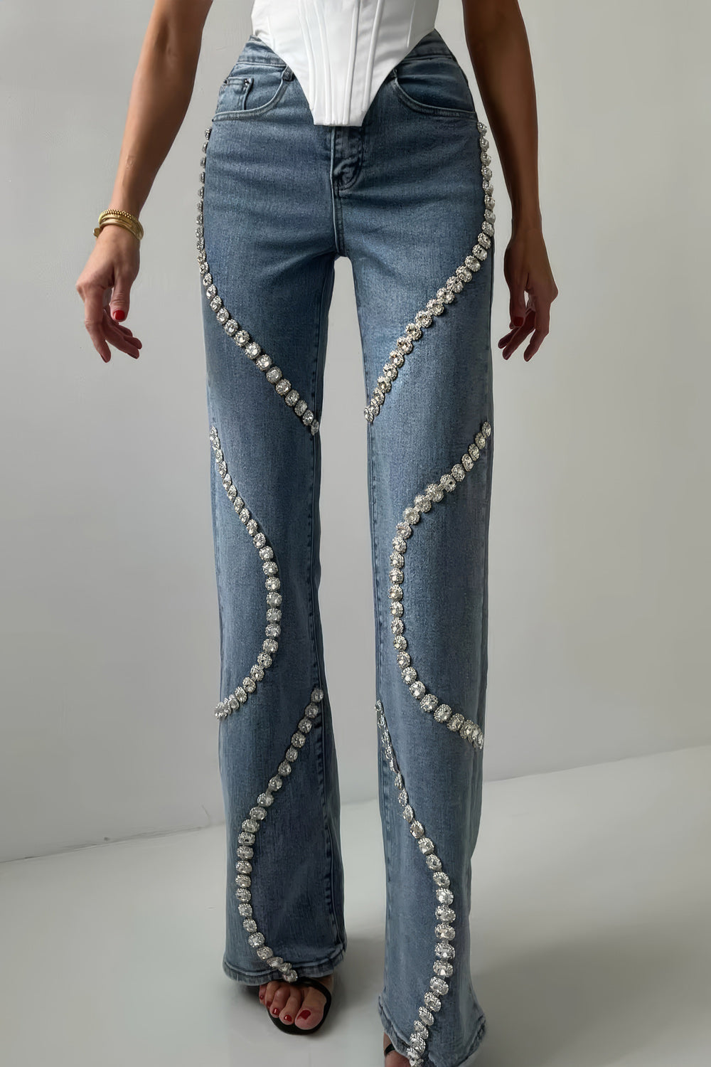 Pearl-Embellished High-Waisted Wide-Leg Jeans - Blue