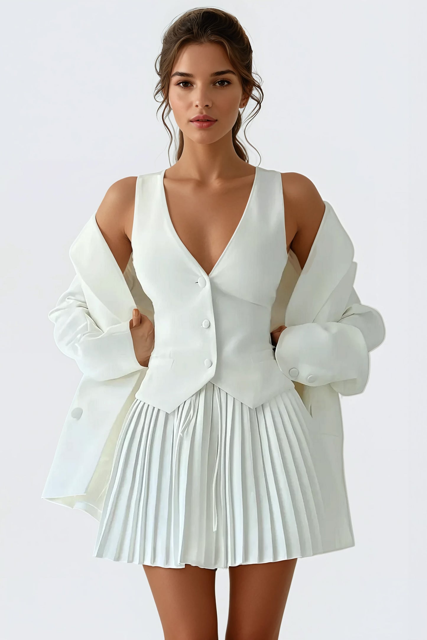 Sleeveless Vest with Pleated Skirt Two-Piece Set - White