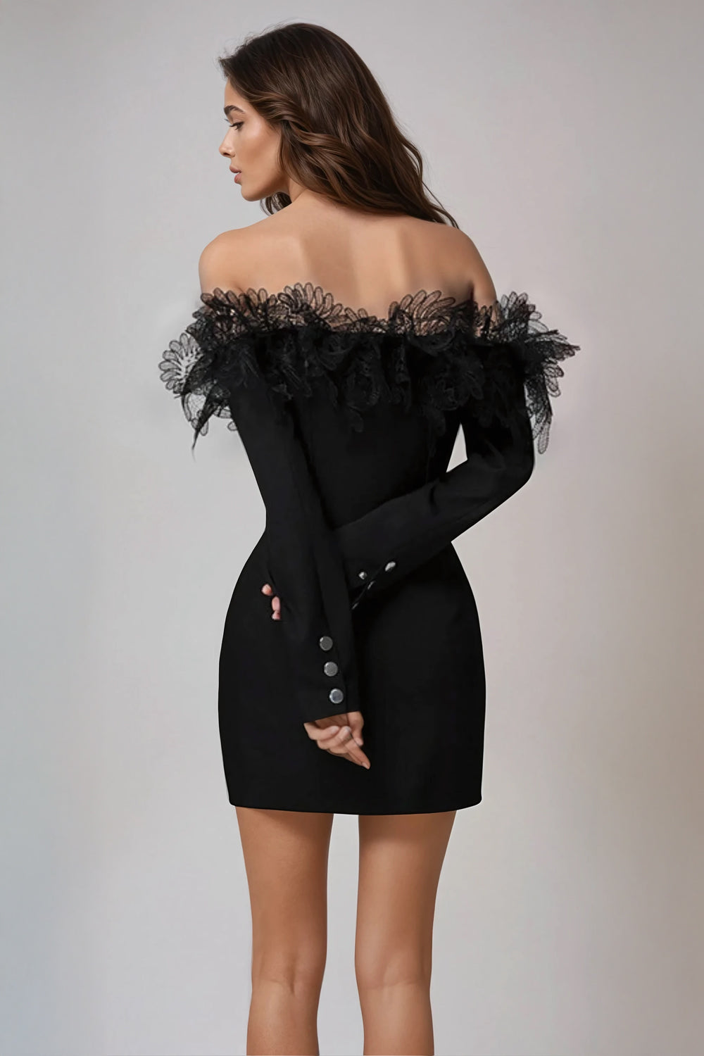 Off-Shoulder Blazer-Style Mini Dress with Lace Details - Black