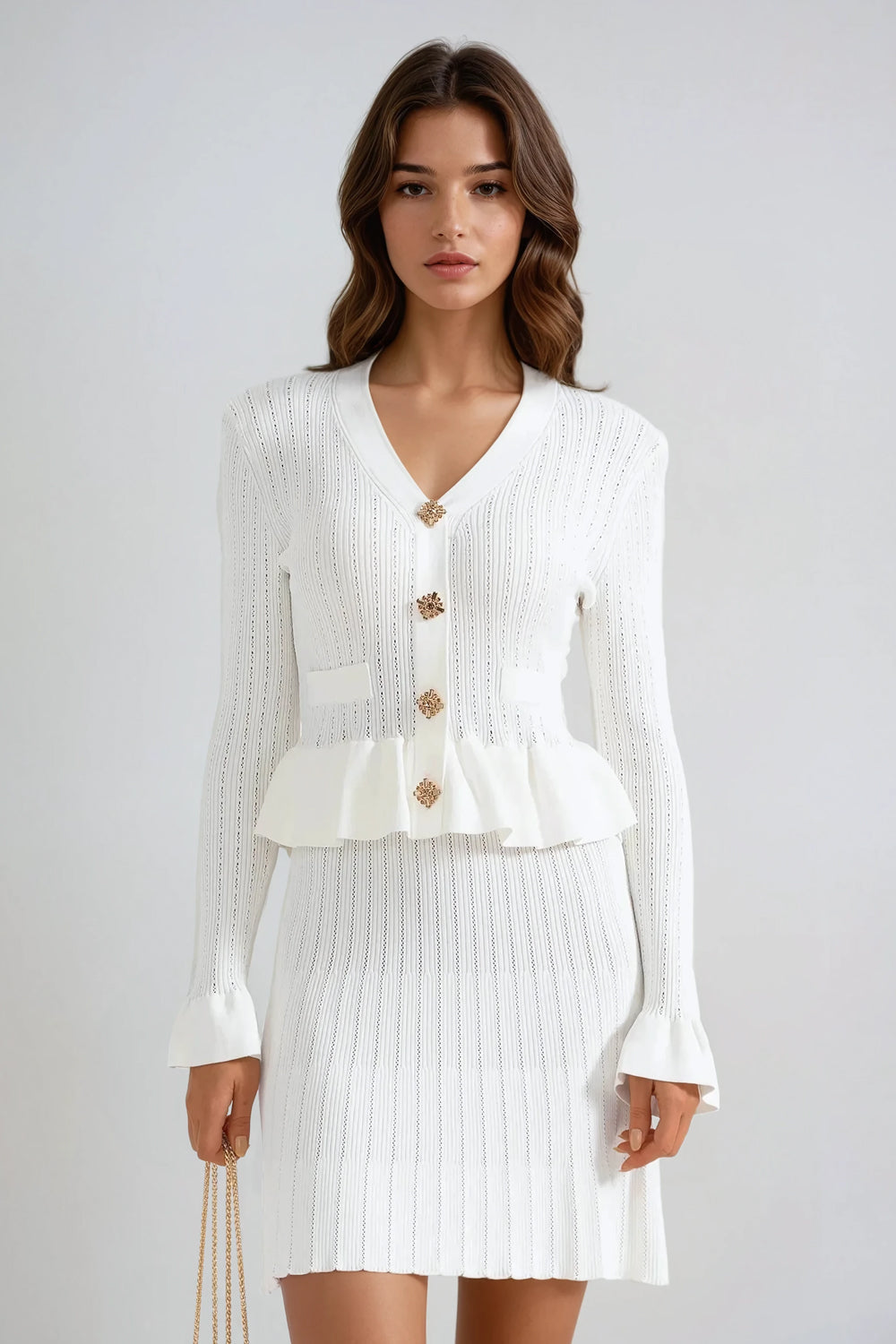 Knitted Long Sleeve Button-Up Mini Dress - White
