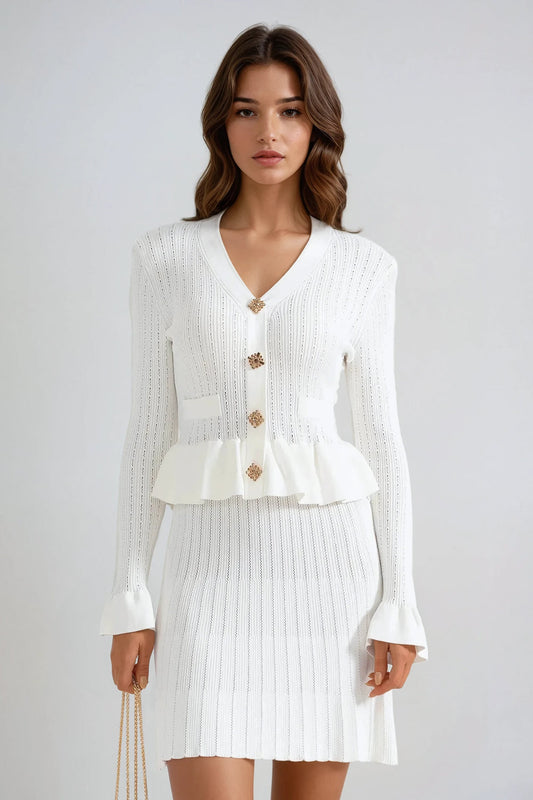 Knitted Long Sleeve Button-Up Mini Dress - White