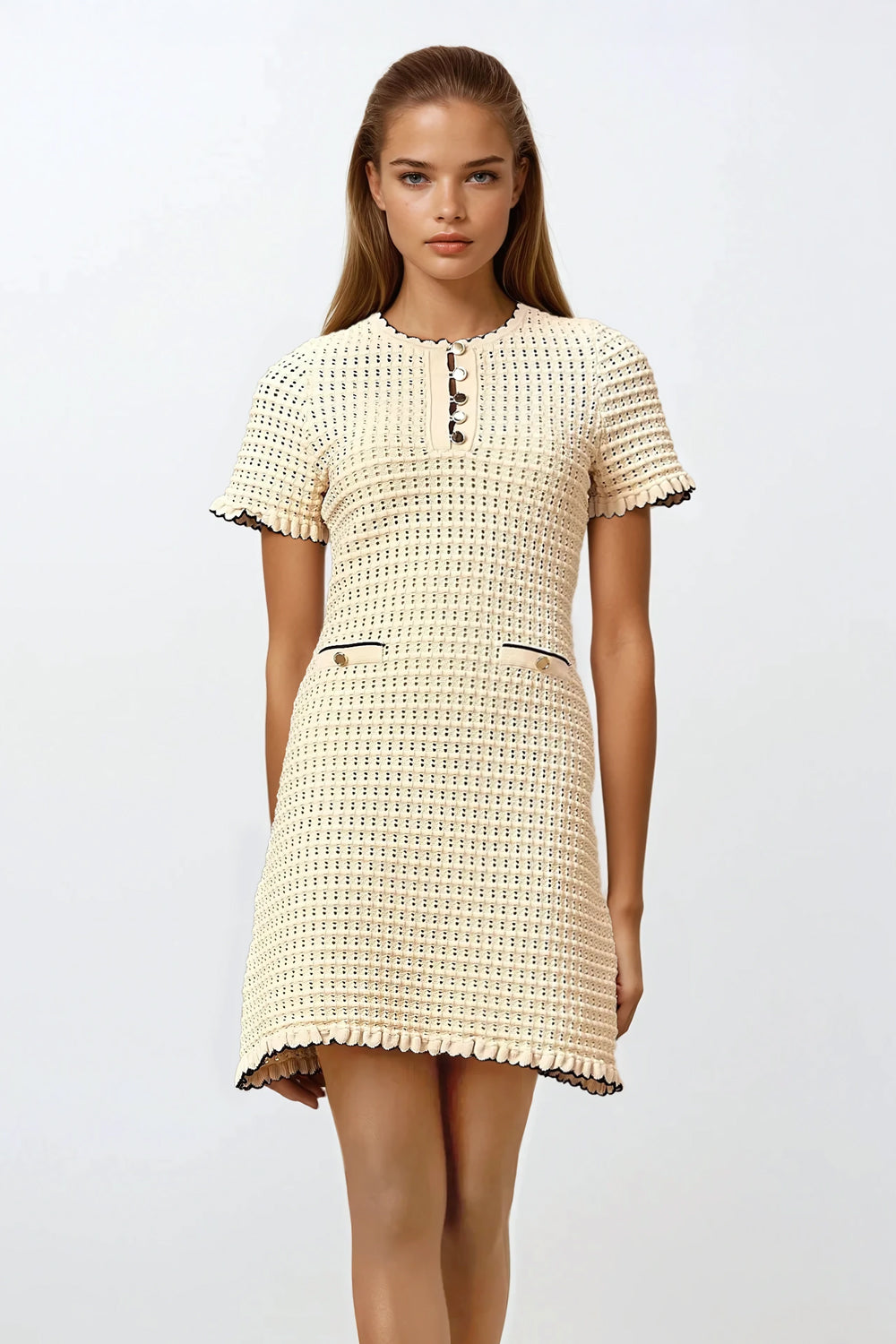 Textured Short Sleeve Mini Dress - Apricot