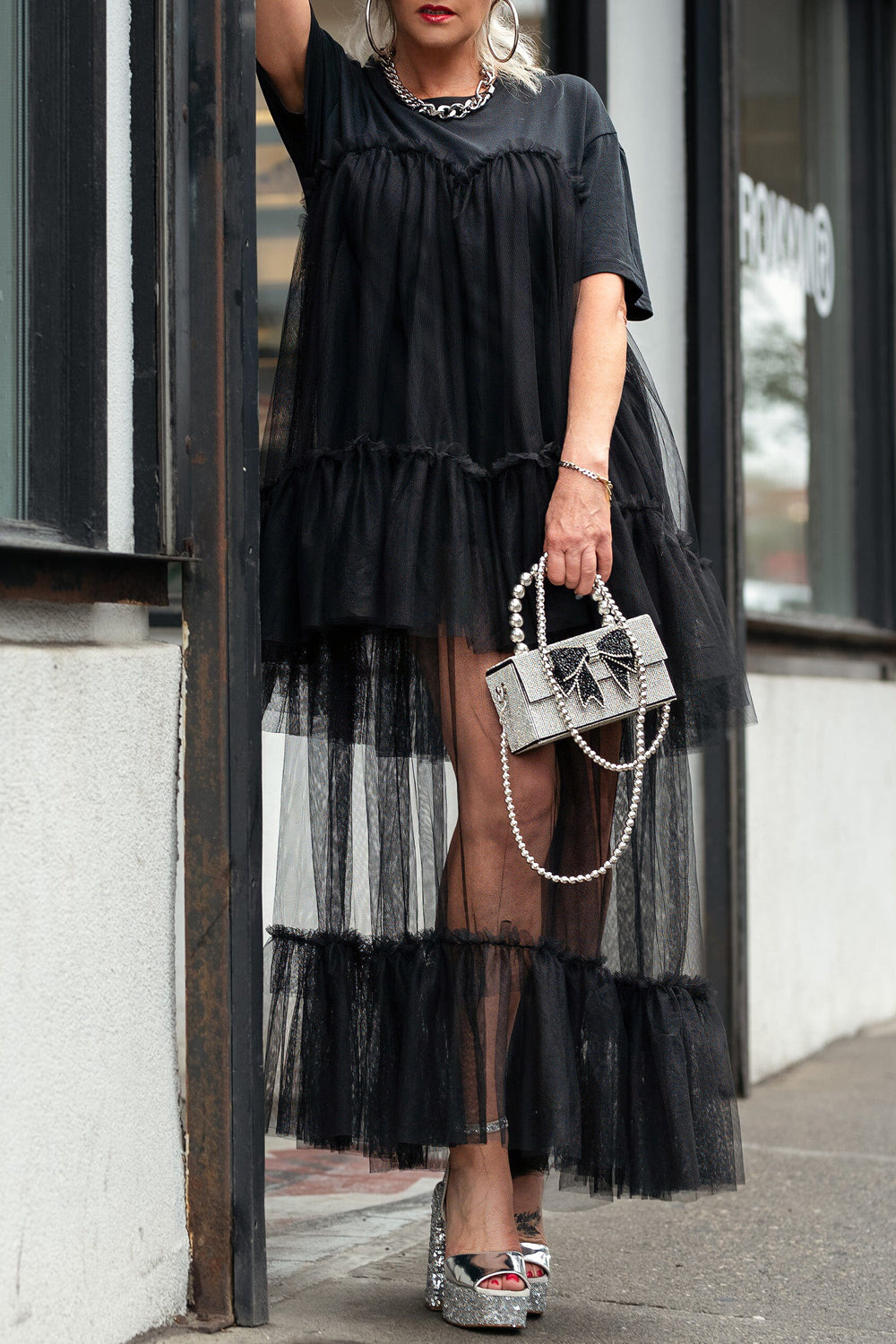 Layered Voluminous Midi Dress with Short Sleeves