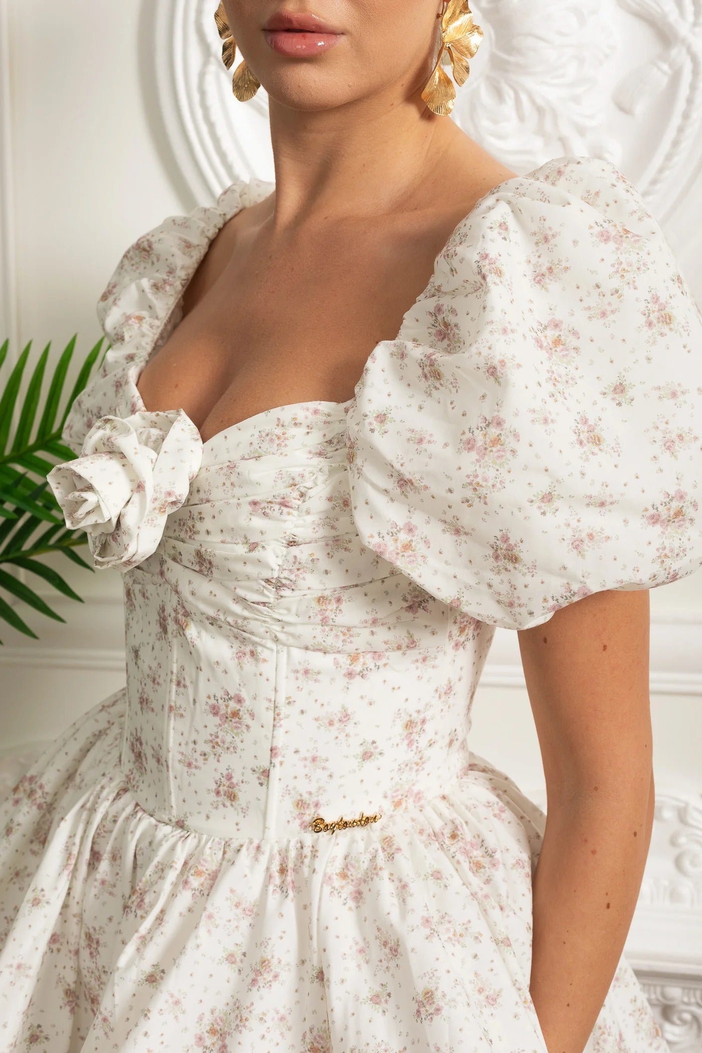 Puff Sleeve Mini Dress With Floral Print and Rosette Detail - Beige