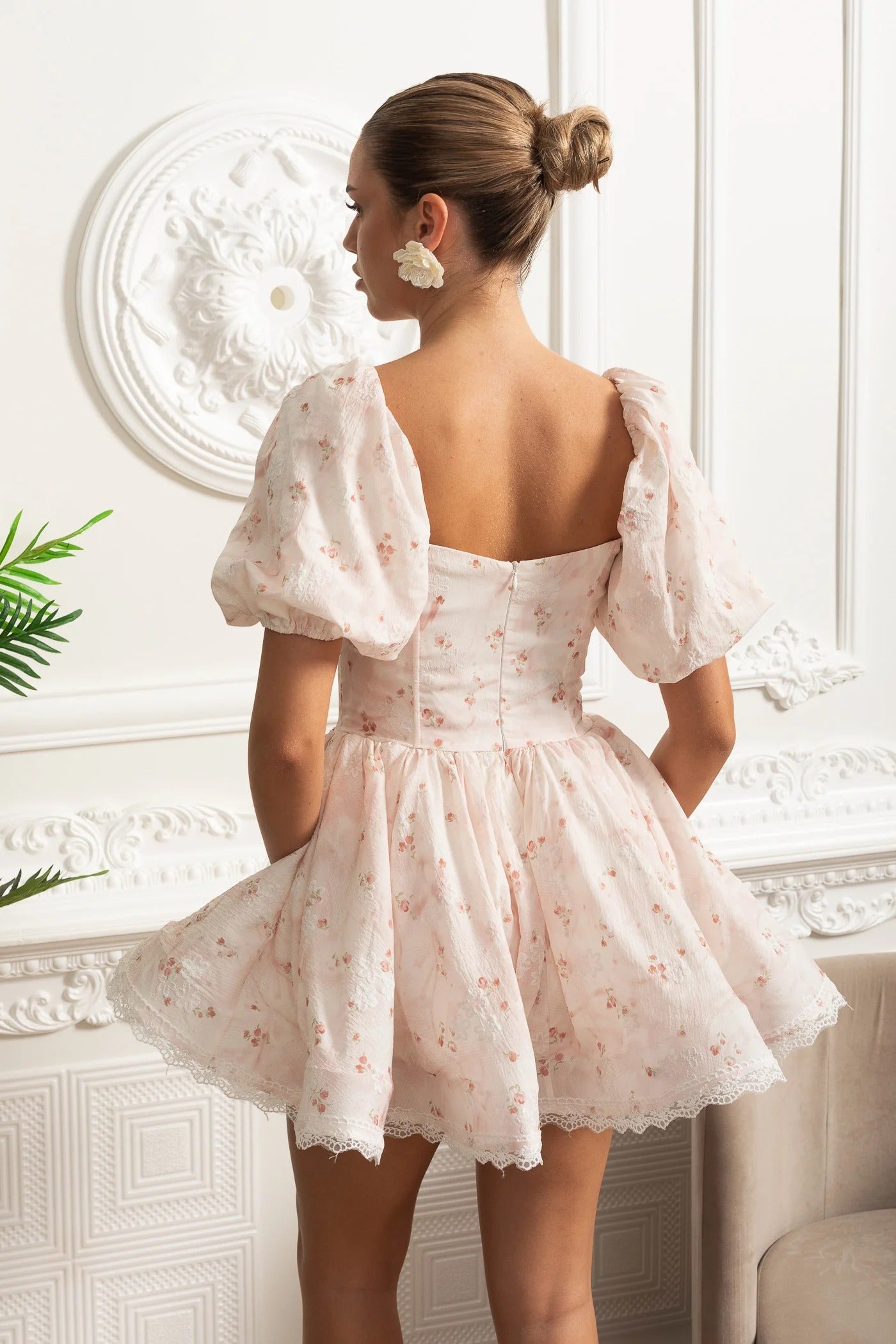 Puff Sleeve Mini Dress With Floral Print and Rosette Detail - Pink