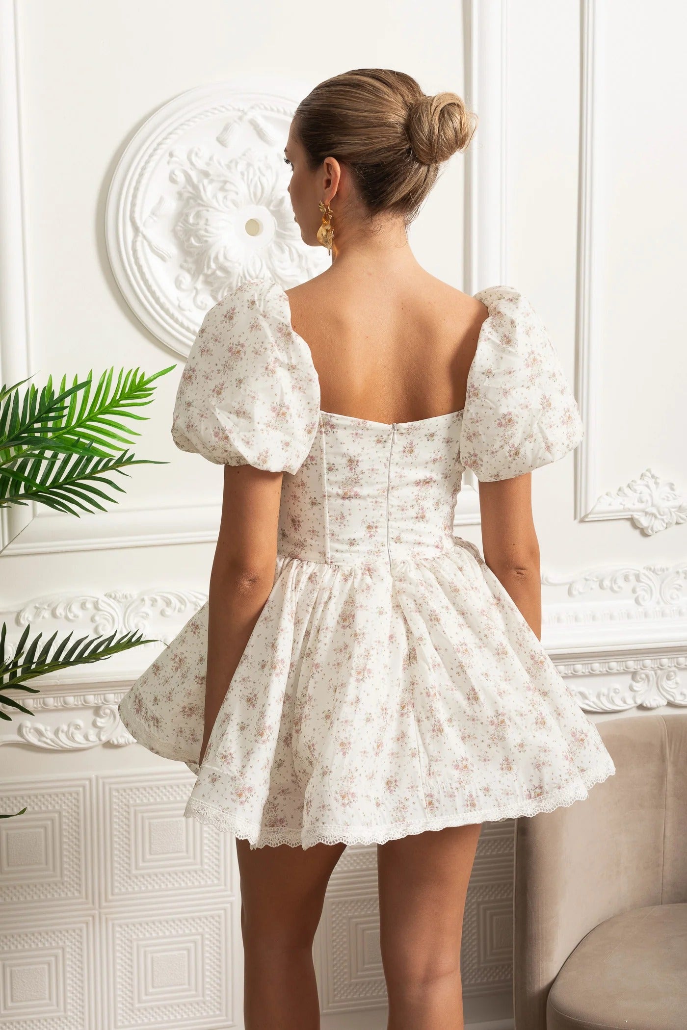 Puff Sleeve Mini Dress With Floral Print and Rosette Detail - Beige