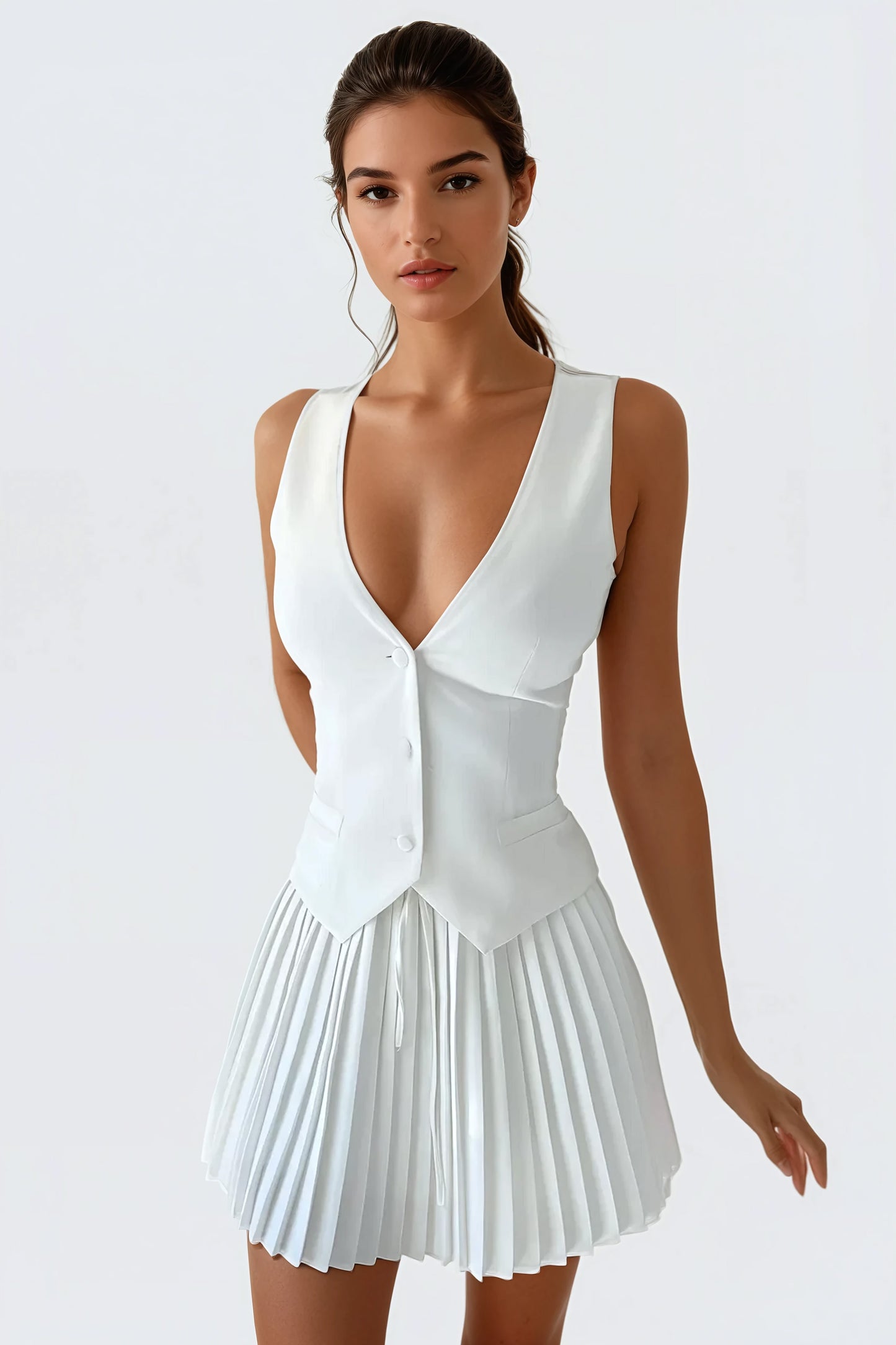 Sleeveless Vest with Pleated Skirt Two-Piece Set - White