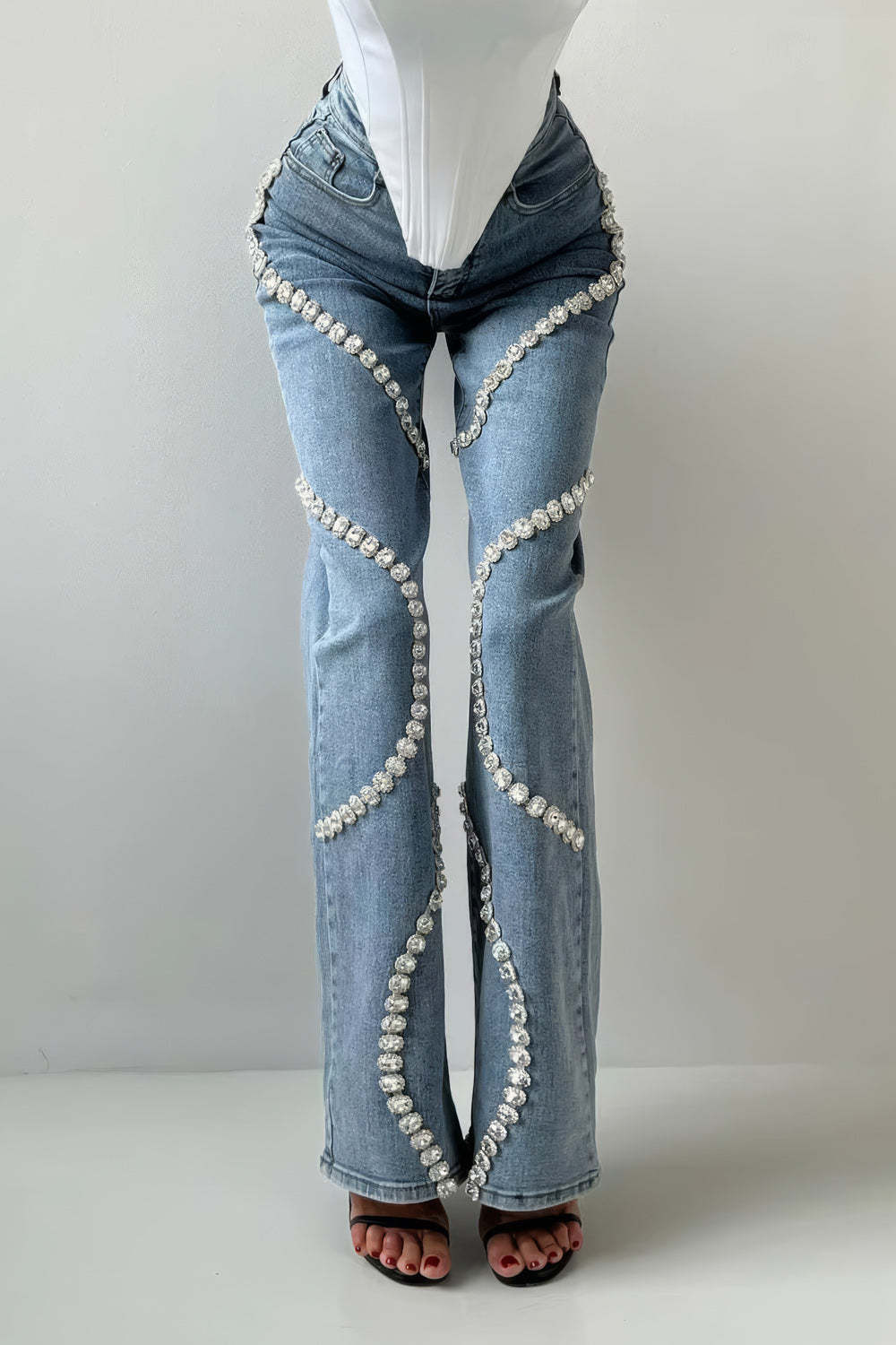Pearl-Embellished High-Waisted Wide-Leg Jeans - Blue