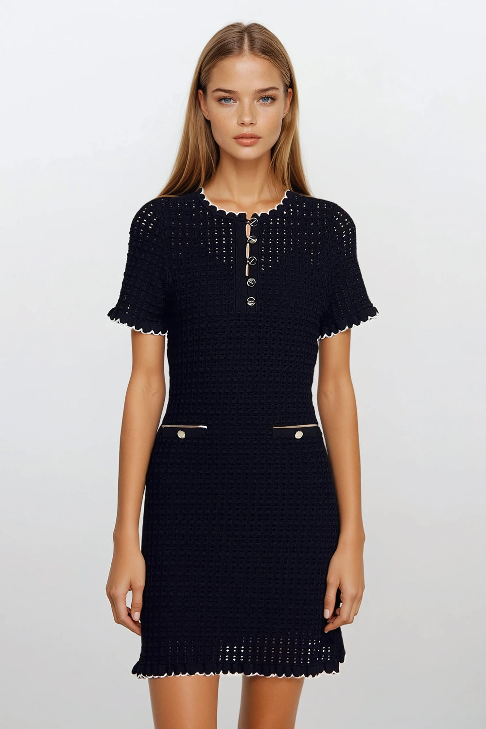 Textured Short Sleeve Mini Dress - Black