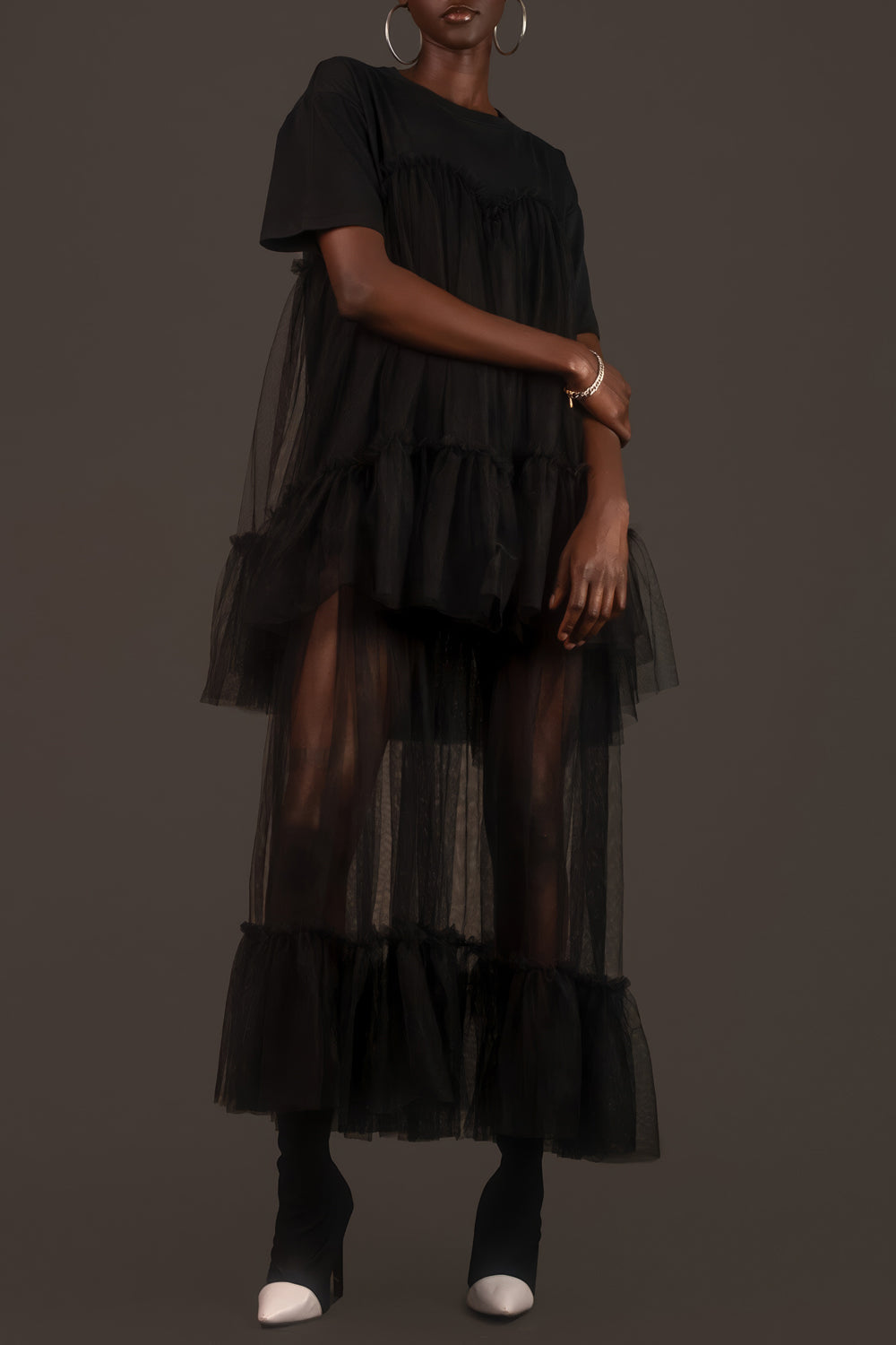 Layered Voluminous Midi Dress with Short Sleeves